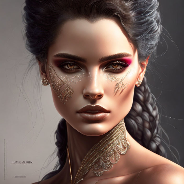 Detailed digital portrait of a woman with intricate facial adornments, radiant makeup, and braided hairstyle.