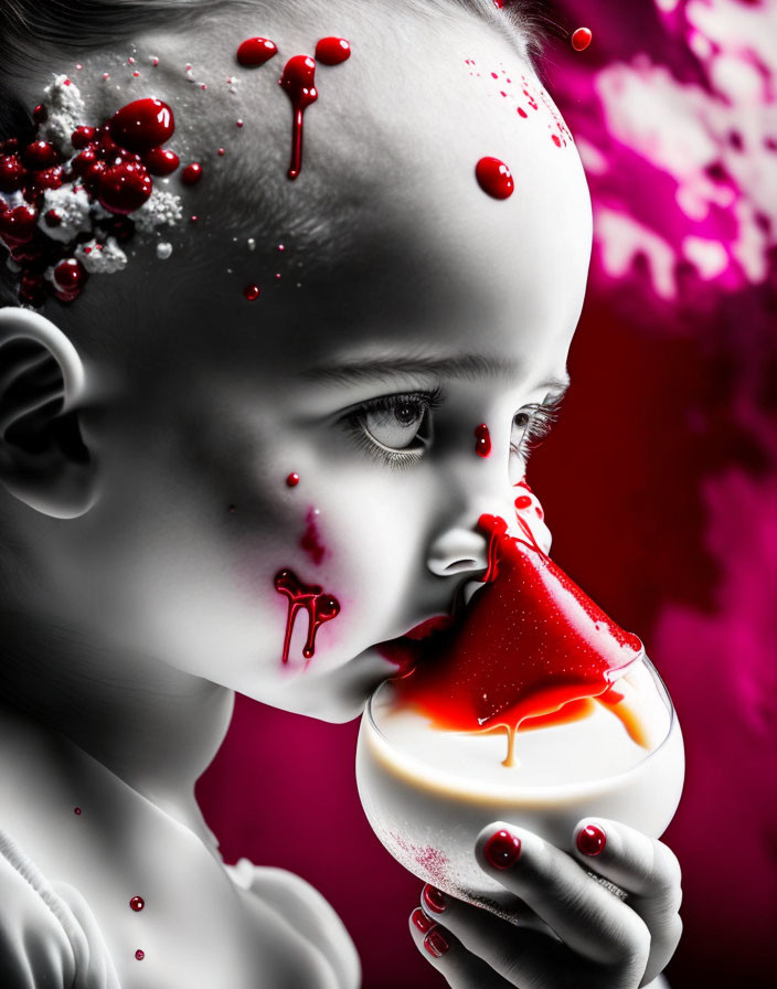 Child with red paint droplets and object on grayscale background