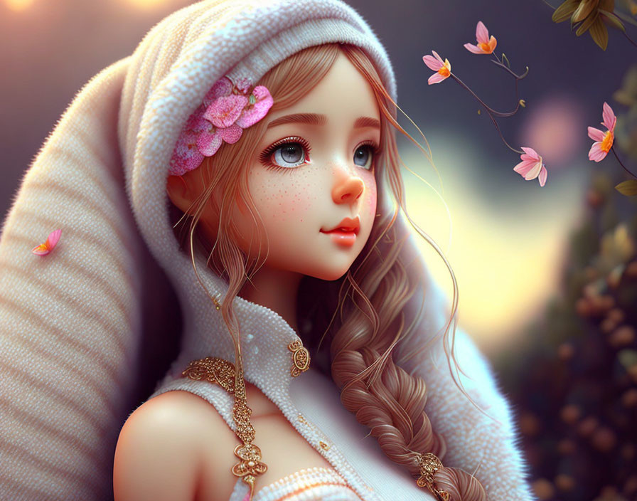 Digital illustration: Girl with freckles, braid, flowers in hair, in hooded cloak