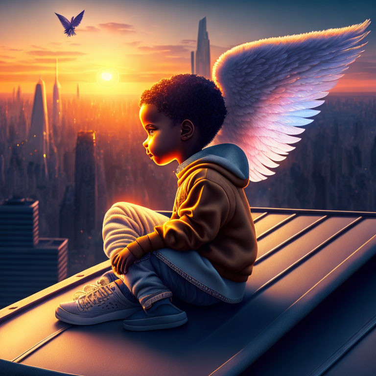 Child with angel wings observes futuristic cityscape at sunset