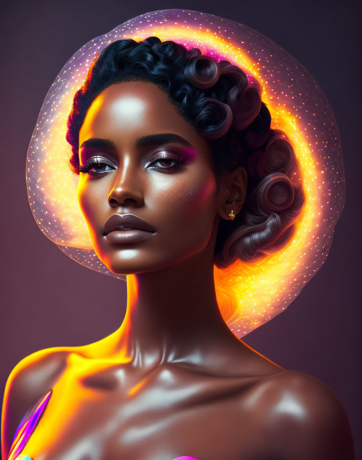 Colorful Nebula-Inspired Portrait of Woman with Elegant Curls and Striking Makeup