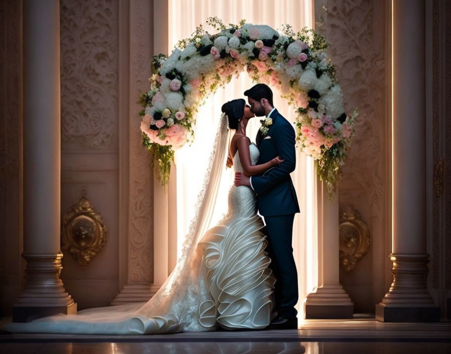 Couple Embracing Under Floral Arch in Dimly Lit Ornate Room