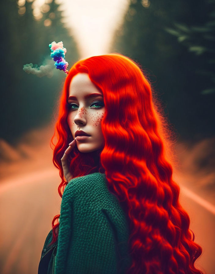 Red-haired woman with freckles on forest road with whimsical smoke above her