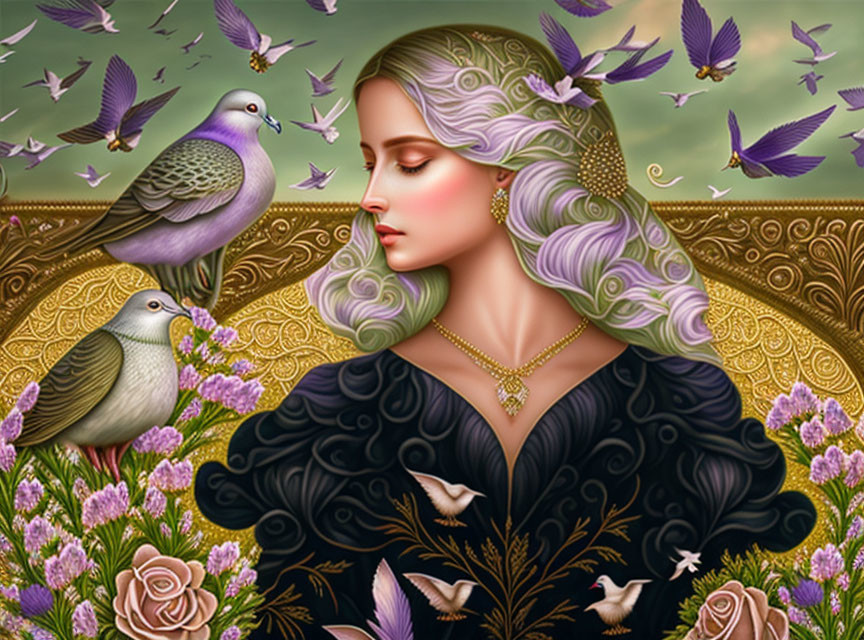 Illustrated woman with flowing hair in nature scene with birds and flowers in rich purple and green tones