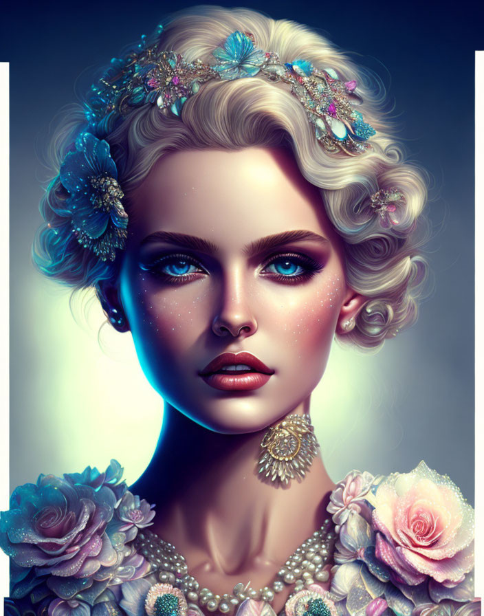 Illustrated portrait of a woman with blue eyes and floral adornments, exuding an ethereal glow