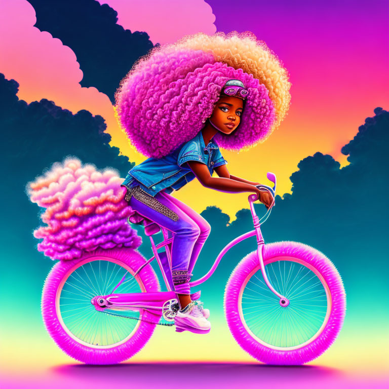 Colorful digital art: girl with pink afro hair on pink bicycle under purple sky