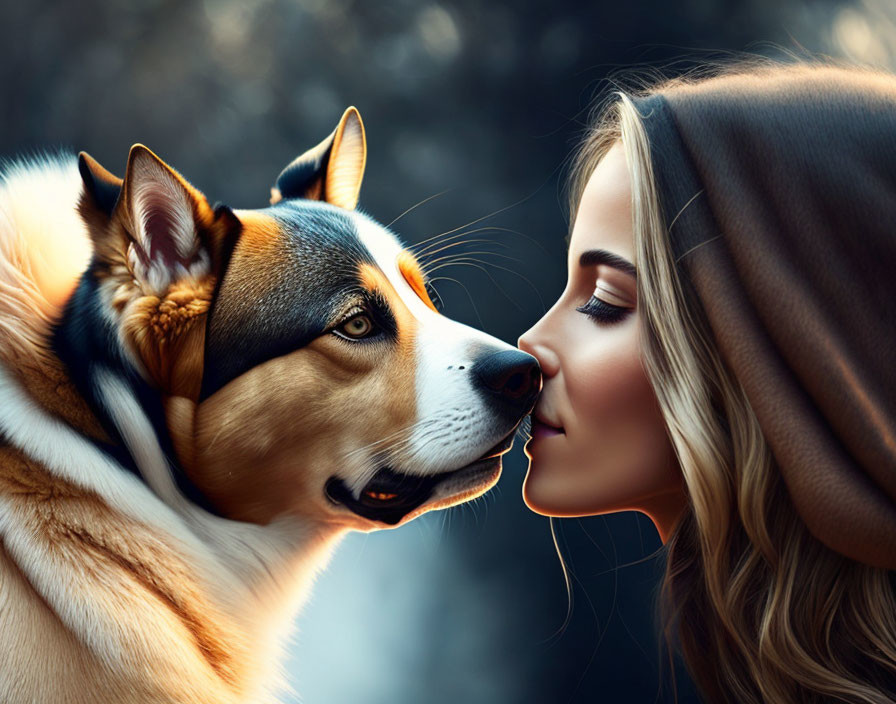 Woman and brown/black dog sharing a tender moment with blurred background