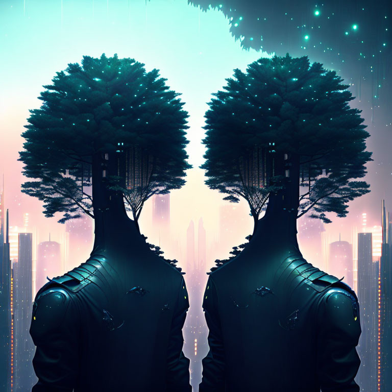 Symmetrical figures with tree crowns as heads and cityscape bodies in twilight sky