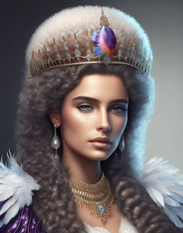 Digital portrait of woman with gray wavy hair in jeweled crown, fur cape, gold necklace