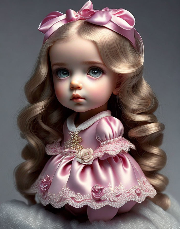 Digital Artwork: Doll with Curly Hair, Blue Eyes, Pink Bow, and Frilly Dress