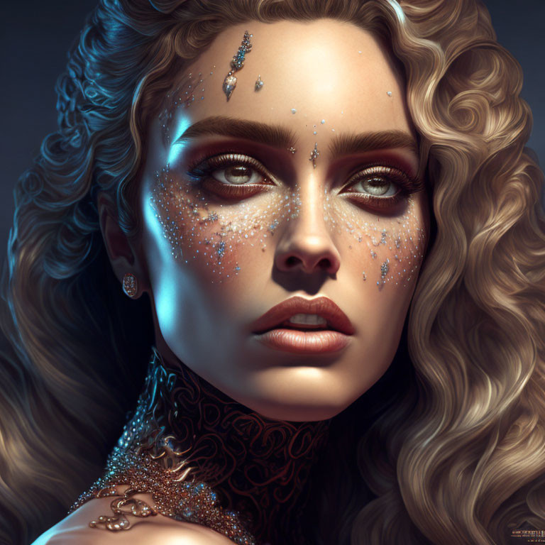 Detailed Digital Portrait of Woman with Glitter Makeup, Neck Tattoos, and Curly Hair