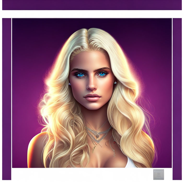 Blonde woman with blue eyes and necklace on purple background