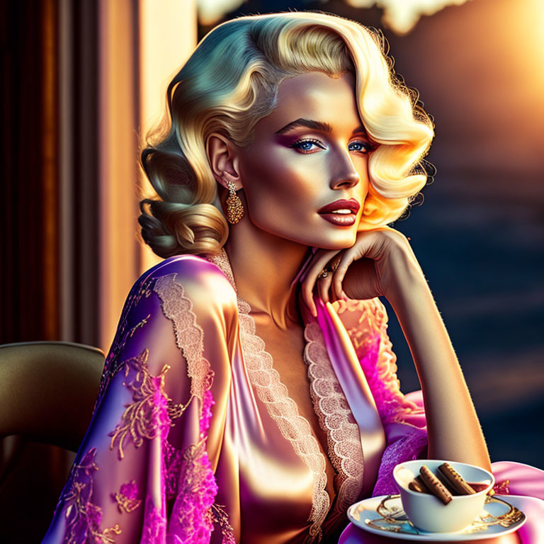 Blonde woman with striking makeup in silk robe at sunset