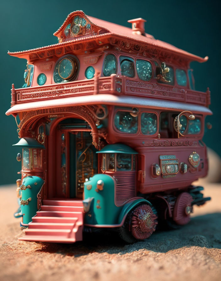 Intricate teal-accented vintage bus miniature house on warm blurred background