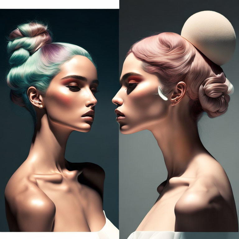 Stylized portraits of a woman with colorful hairstyles and makeup side by side