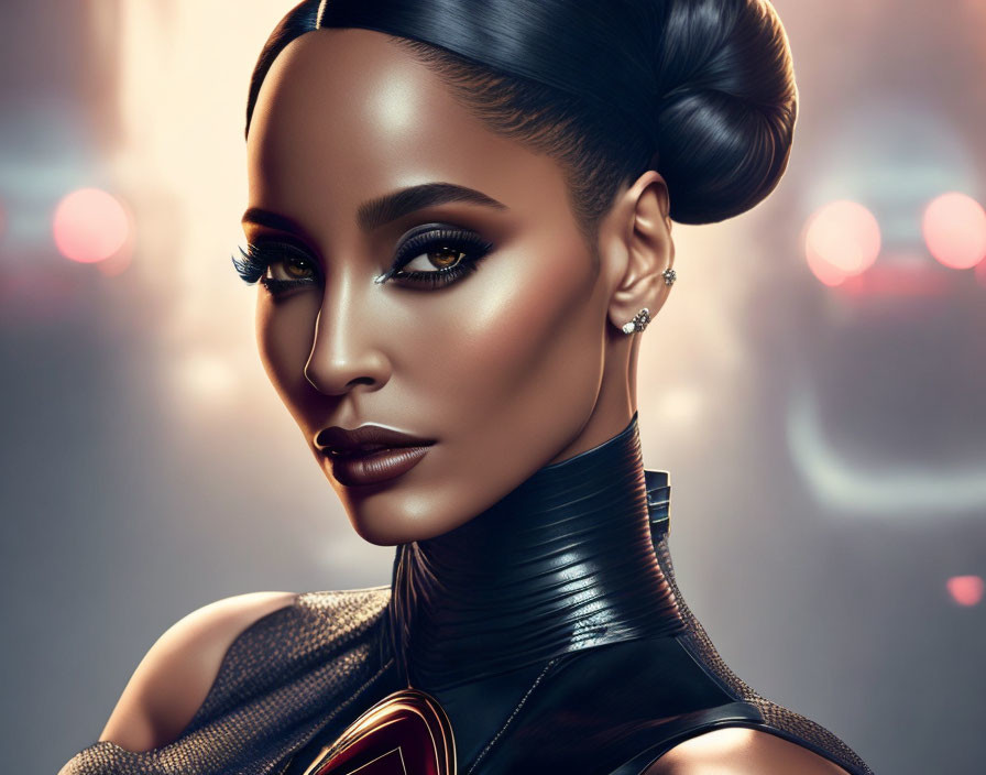 Digital artwork: Woman with sleek hair, subtle makeup, futuristic outfit against city lights.