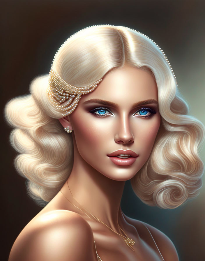 Portrait of a woman with blue eyes, pearl hair accessories, wavy blonde hair, and subtle makeup