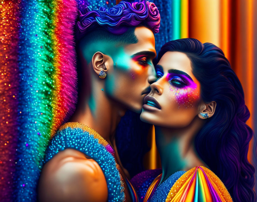 Vibrant body art and glitter on two people embracing against colorful background