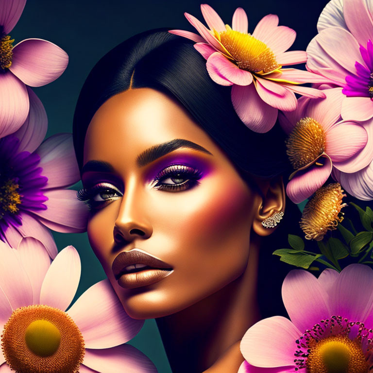 Vivid Flower Surrounding Woman with Striking Makeup