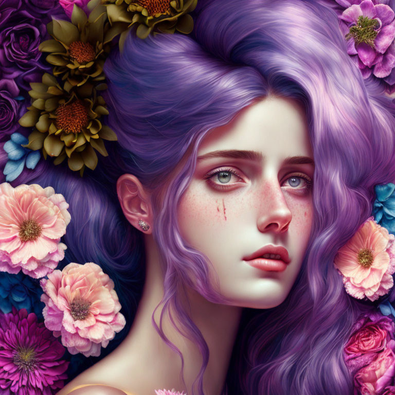 Purple-Haired Woman with Flowers and Blue Eyes