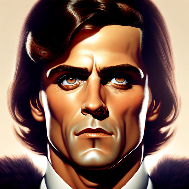 Stylized digital artwork of a man with sharp features and glowing eyes