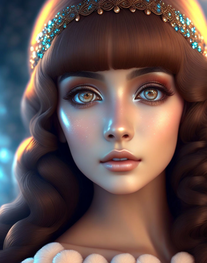 Detailed digital artwork of female character with luminous eyes and jeweled headband