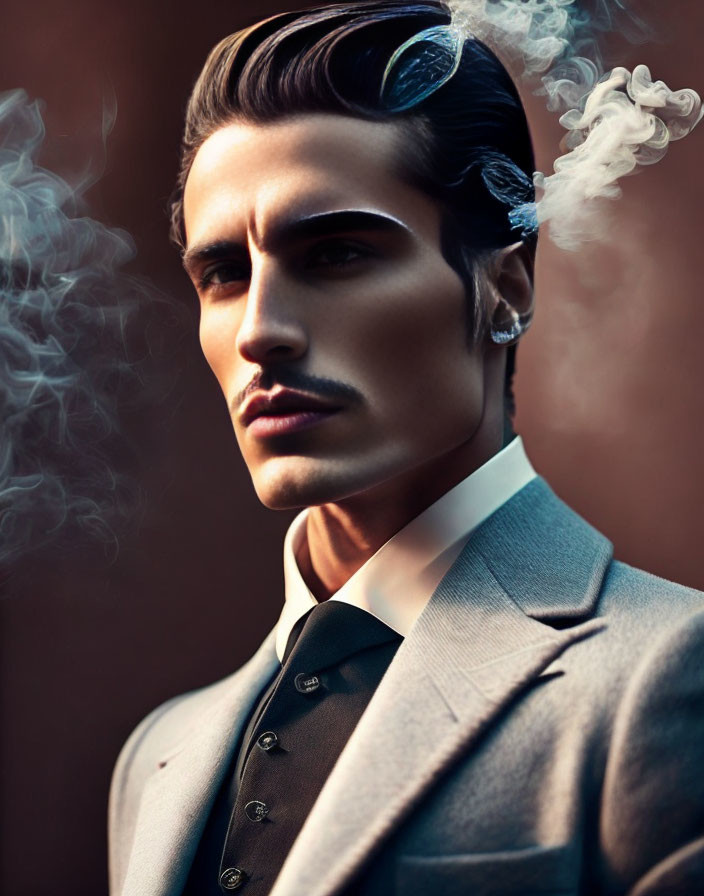 Sophisticated man in suit and vest with slicked hair and swirling smoke.