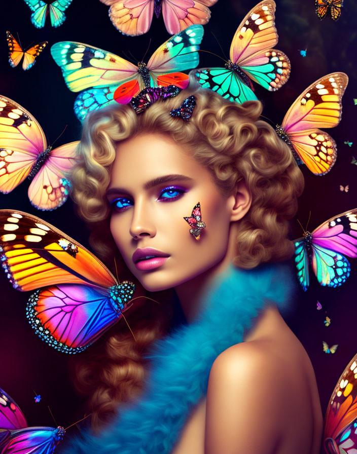 Blue-eyed woman with curly hair and butterflies on dark background, wearing blue feather.