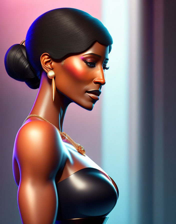 Digital artwork featuring woman with sleek bun hairstyle and gold jewelry in black outfit under multicolored lighting