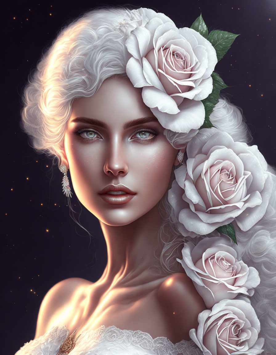 Portrait of a woman with white curly hair and roses in starry setting