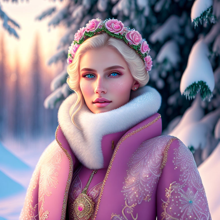 Blond Woman in Pink Coat with Floral Crown in Snowy Forest