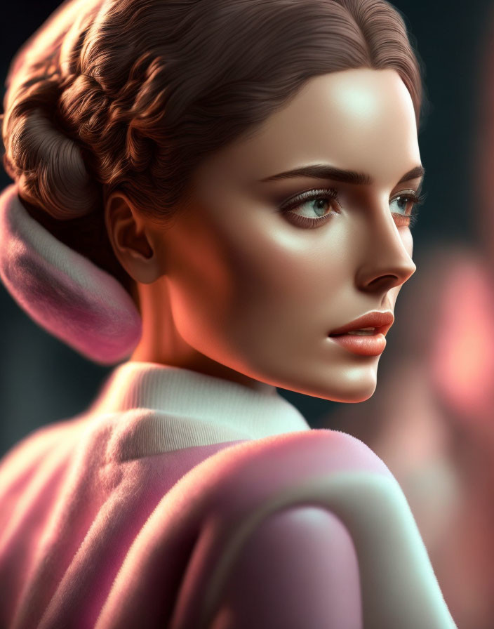 Digital artwork of a woman with brunette hair in classic updo and large expressive eyes, wearing a pale