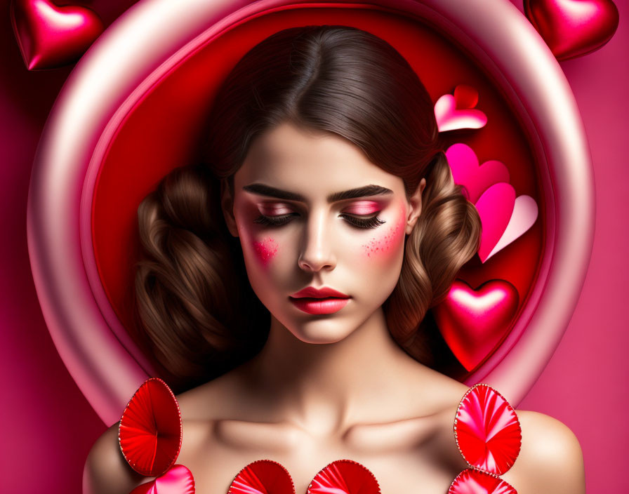 Woman with Heart-Themed Makeup and Decor on Pink Background