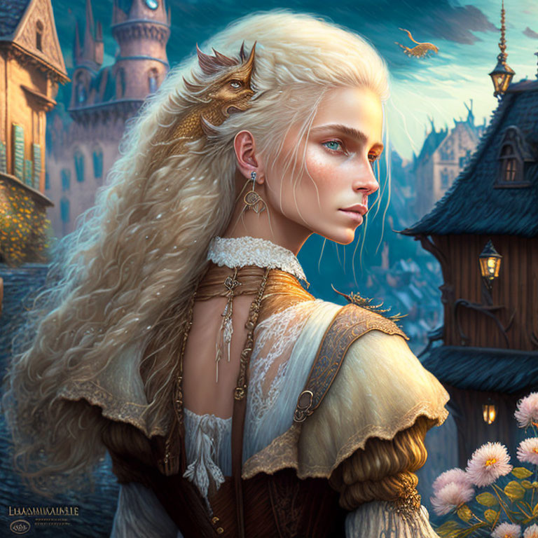 Fantasy character with blonde hair and blue eyes in medieval attire before castle and flying creatures.