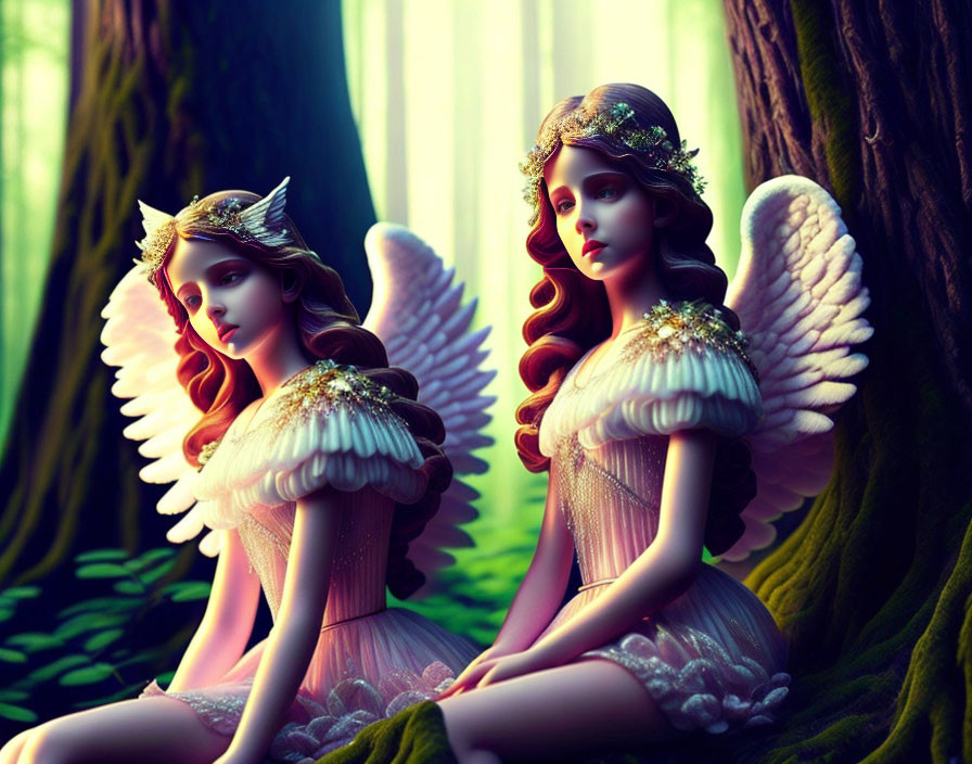 Ethereal female figures with angelic wings in mystical forest