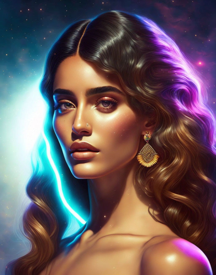 Digital portrait of woman with wavy hair and glowing makeup in cosmic setting