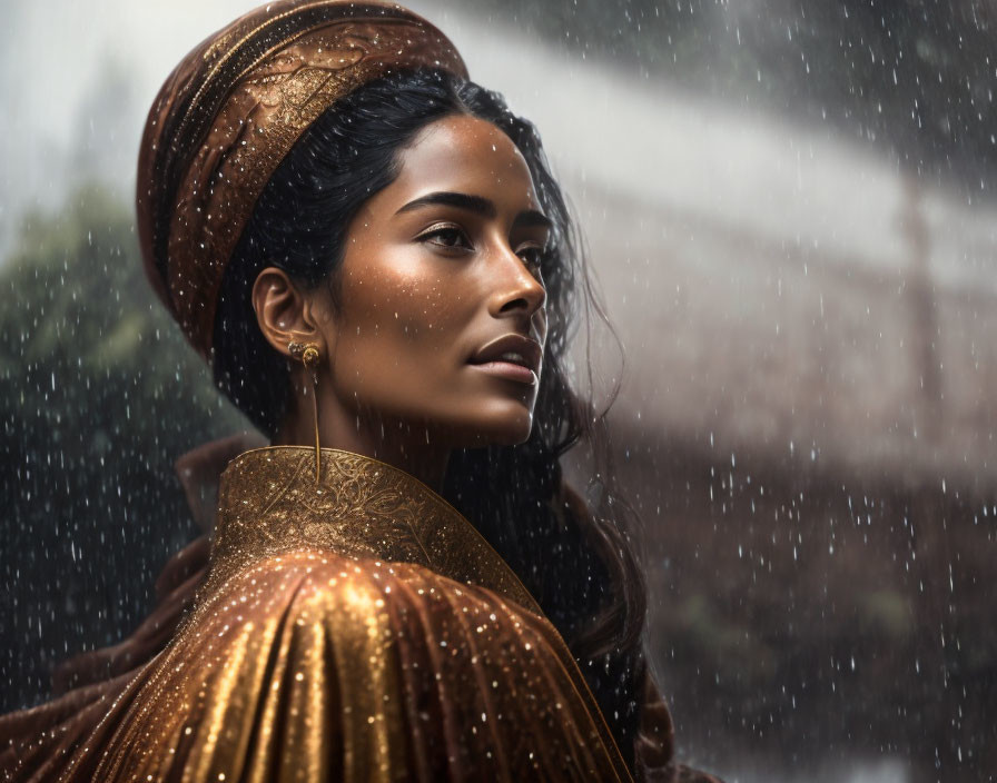 Pensive woman in turban with raindrops captured.