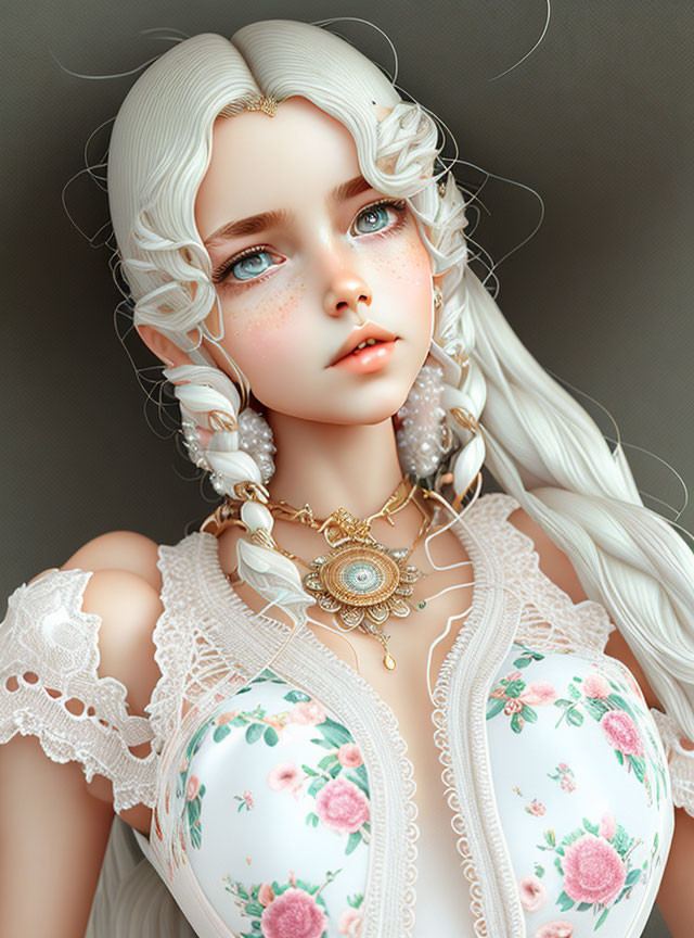 Portrait of girl with white braided hair, freckles, blue eyes, floral attire, lace