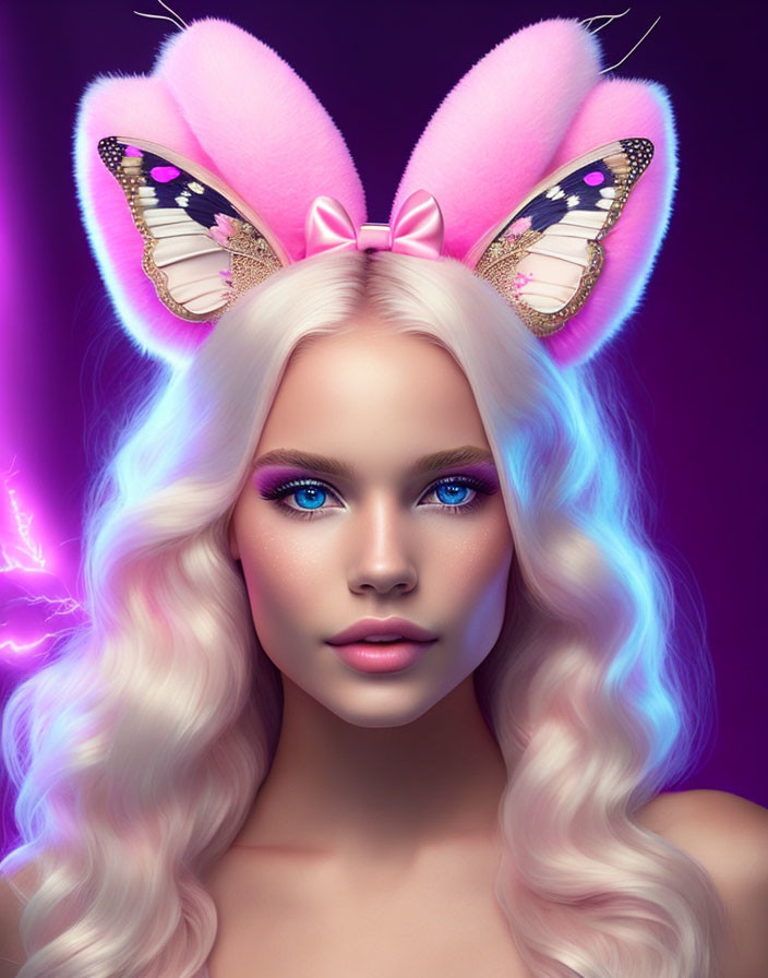 Portrait of woman with blue eyes, blonde hair, and butterfly cat ears.