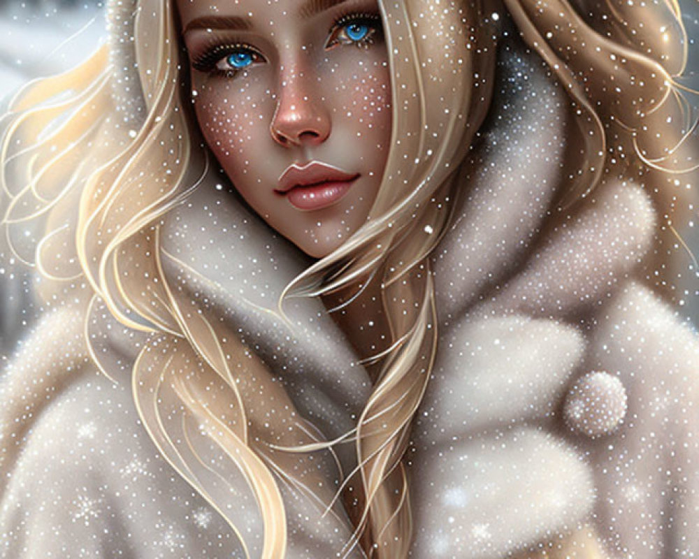 Digital artwork of woman with blue eyes and blonde hair in warm coat with snowflakes.