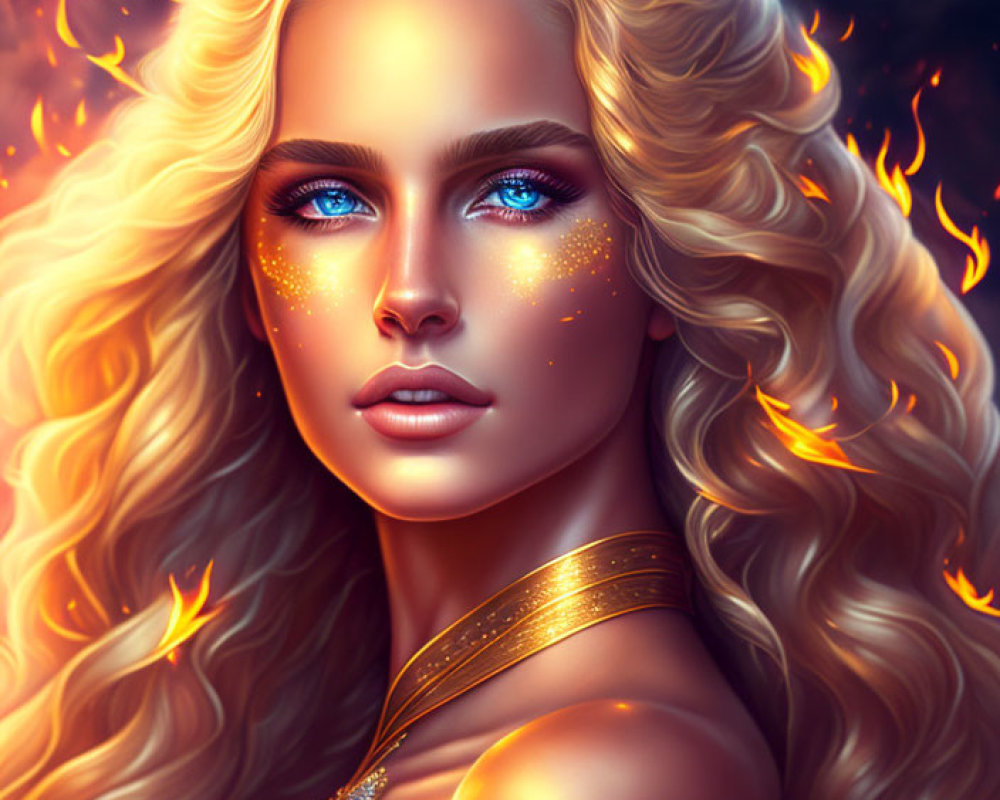 Fantasy portrait of a woman with golden hair and blue eyes in fiery setting