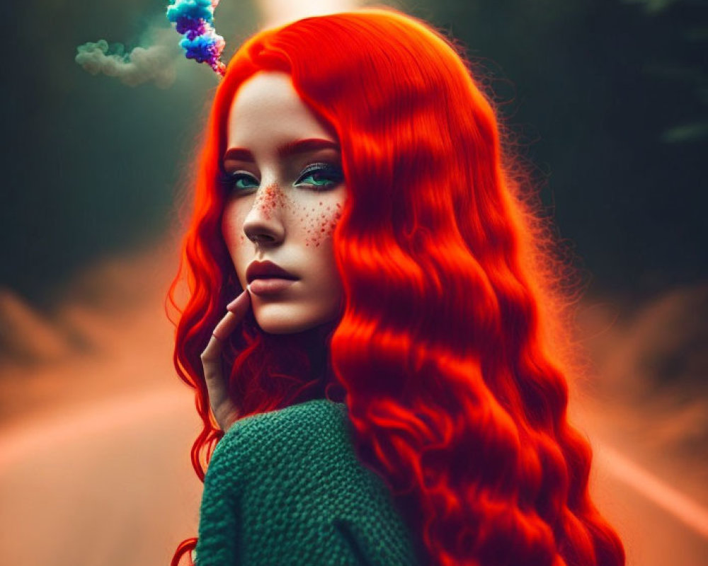 Red-haired woman with freckles on forest road with whimsical smoke above her