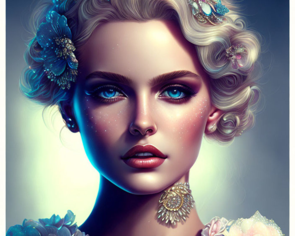 Illustrated portrait of a woman with blue eyes and floral adornments, exuding an ethereal glow