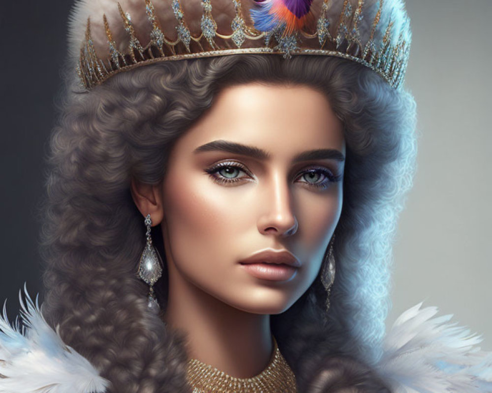 Digital portrait of woman with gray wavy hair in jeweled crown, fur cape, gold necklace