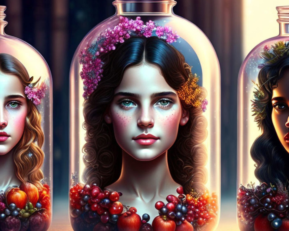 Artistic renditions of women's faces in jars with floral crowns and fruits against a forest backdrop