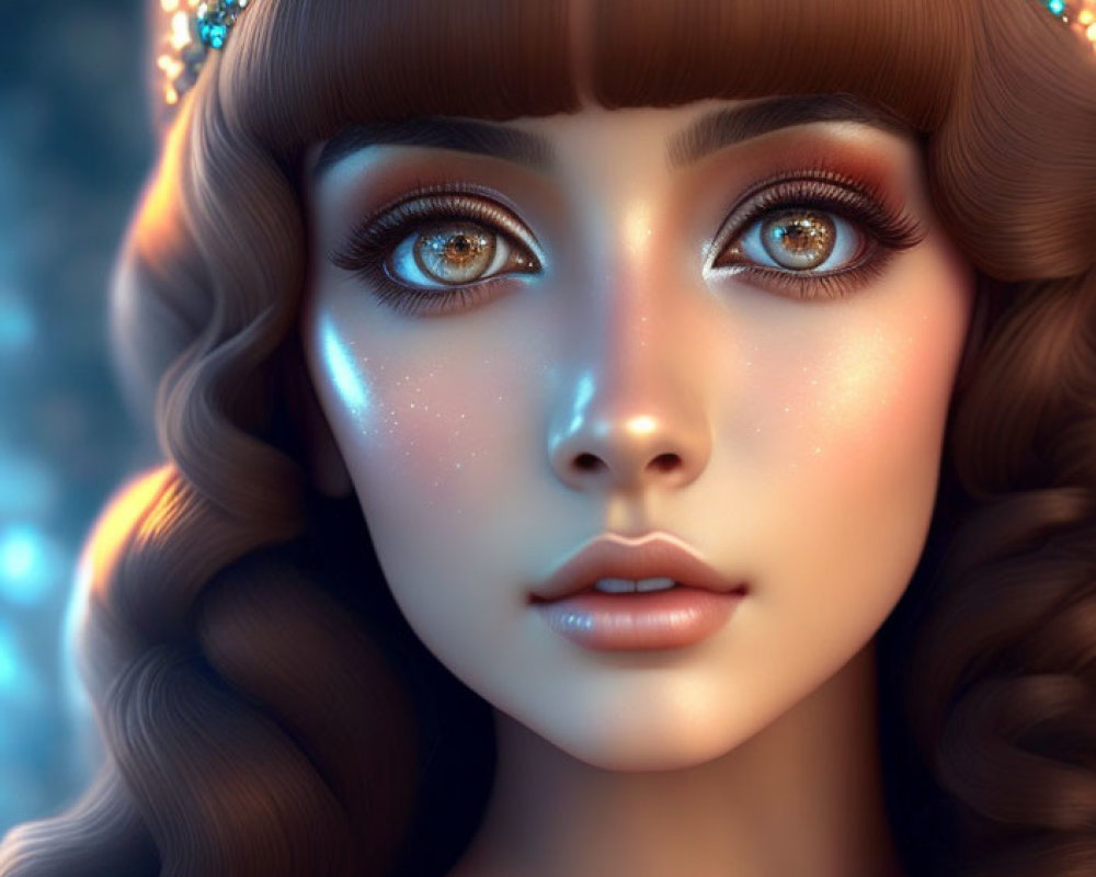 Detailed digital artwork of female character with luminous eyes and jeweled headband