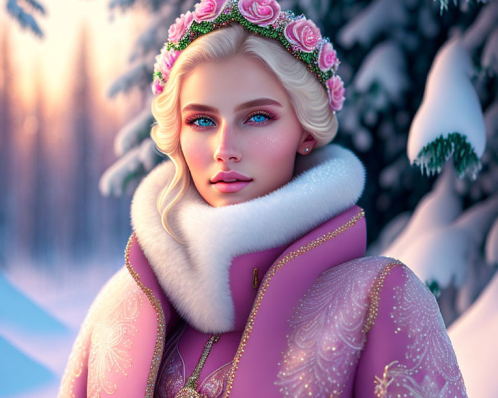 Blond Woman in Pink Coat with Floral Crown in Snowy Forest