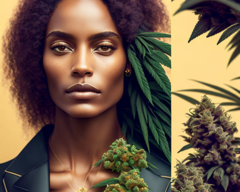 Woman with Afro Hair and Cannabis Leaves on Yellow Background with Cannabis Buds