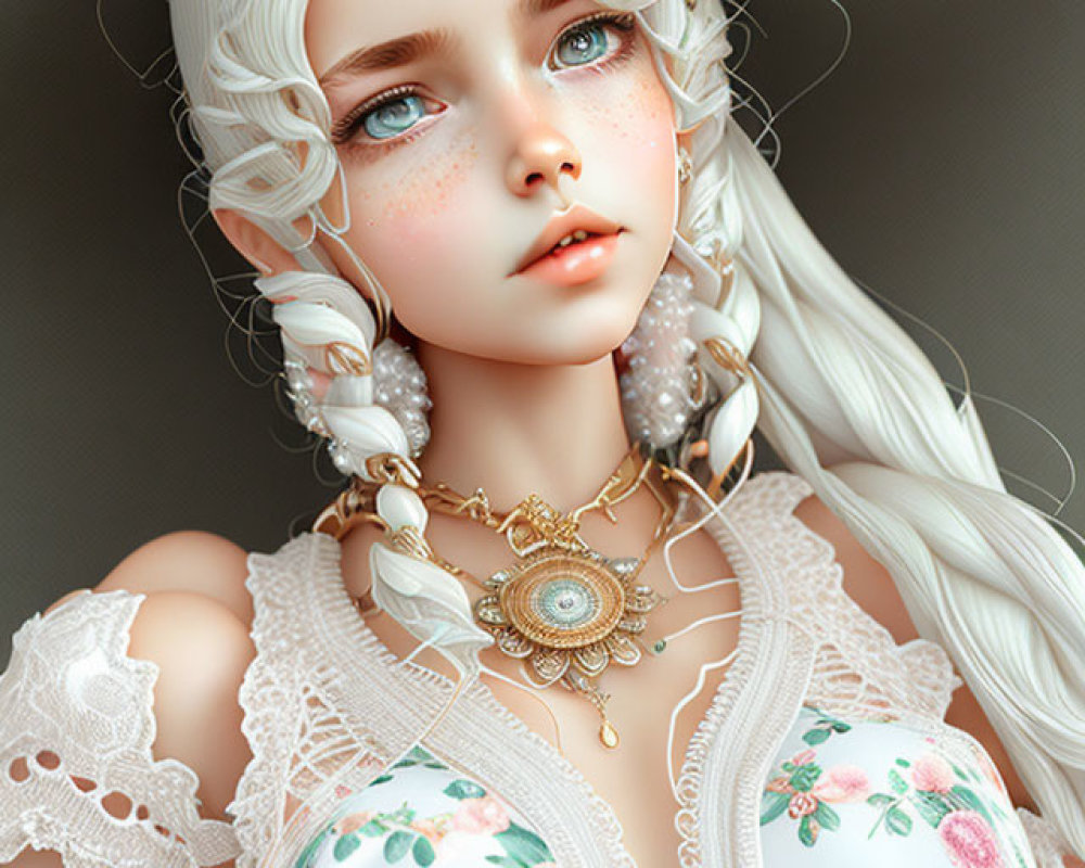 Portrait of girl with white braided hair, freckles, blue eyes, floral attire, lace