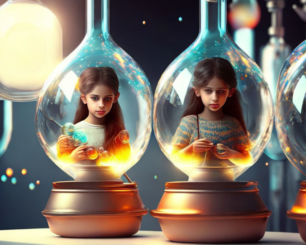 Identical girls in lightbulb vessels with floating orbs in starry setting